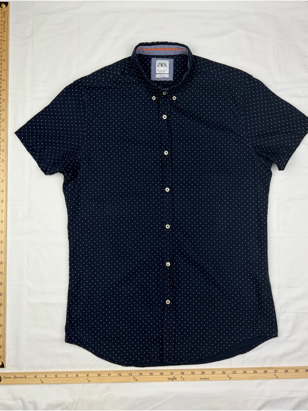 Zara Men’s Navy Short-Sleeve Micro Dot Button-Down Shirt